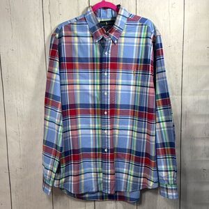 Ralph Lauren Mens Blue Plaid Slim Fit Stretch Oxford Shirt XXL Preppy Casual